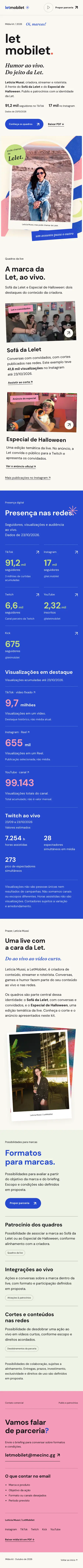 Media kit da LetMobilet no celular: apresentação, quadros da live, números das redes e formatos para marcas.