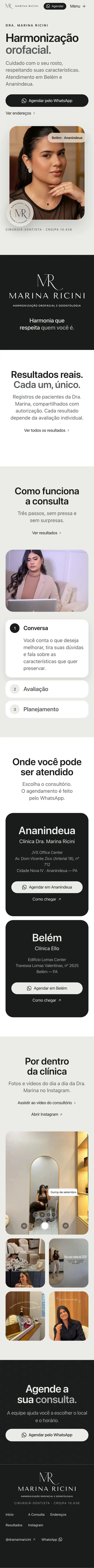 Site da Dra. Marina Ricini no celular, do topo ao rodapé: apresentação, resultados de pacientes, como funciona a consulta, os dois endereços e o Instagram.